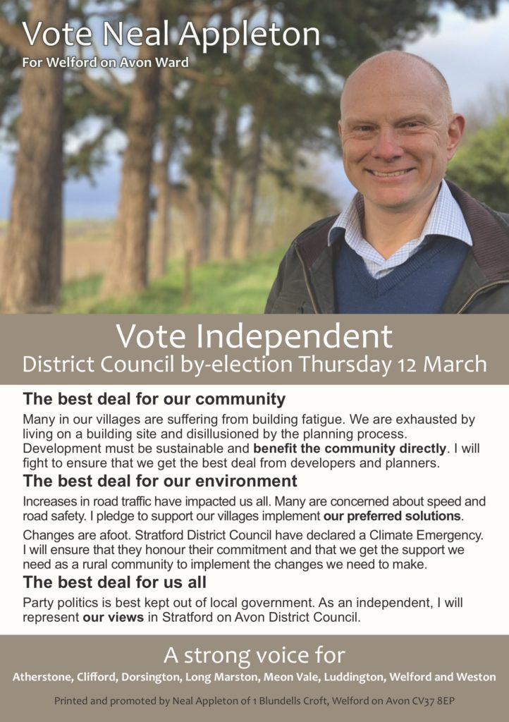 A5 flyer side 1. Vote Independent for Welford on Avon on March 12